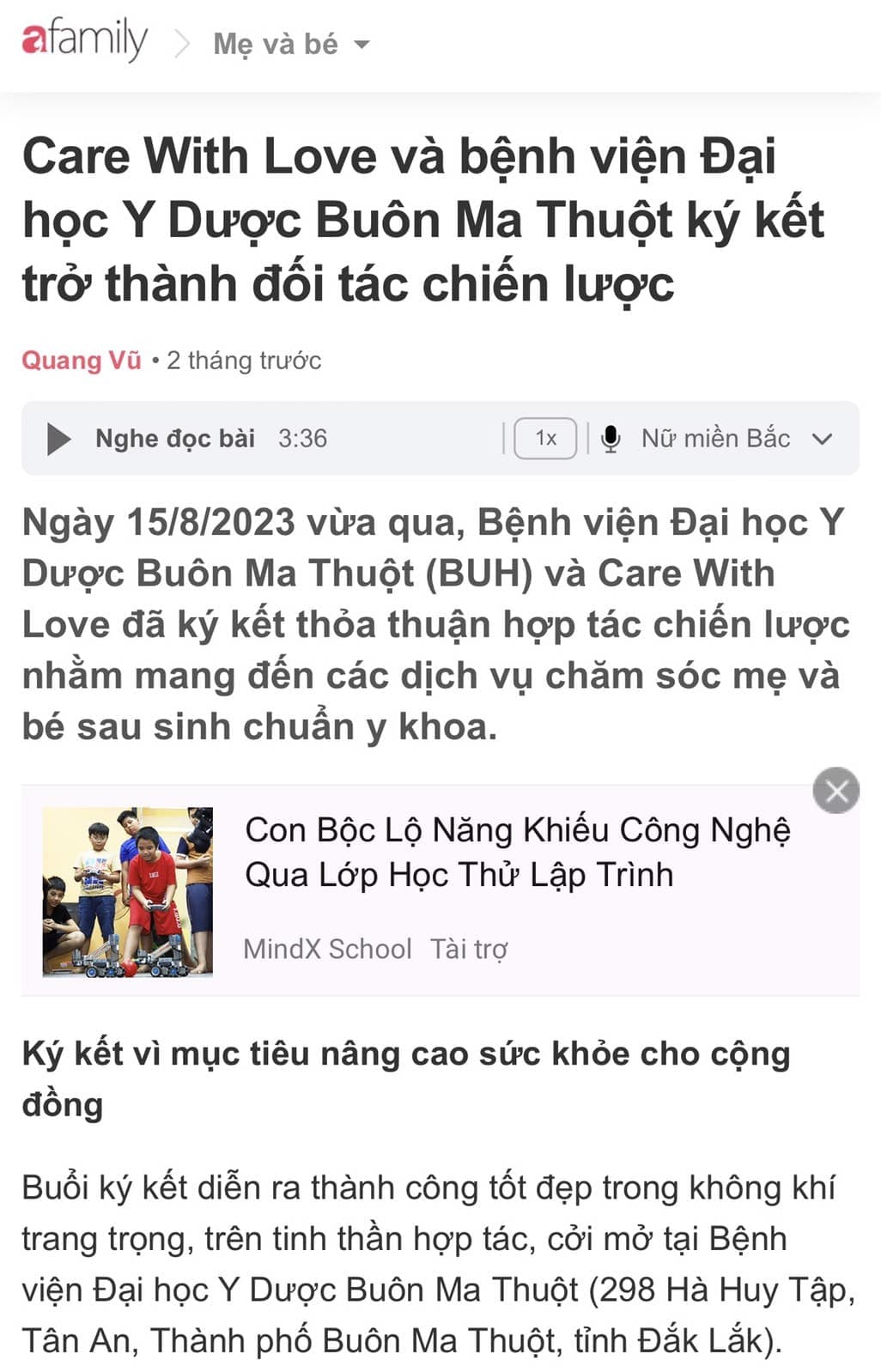 Bài báo về Care With Love trên Báo Phụ Nữ